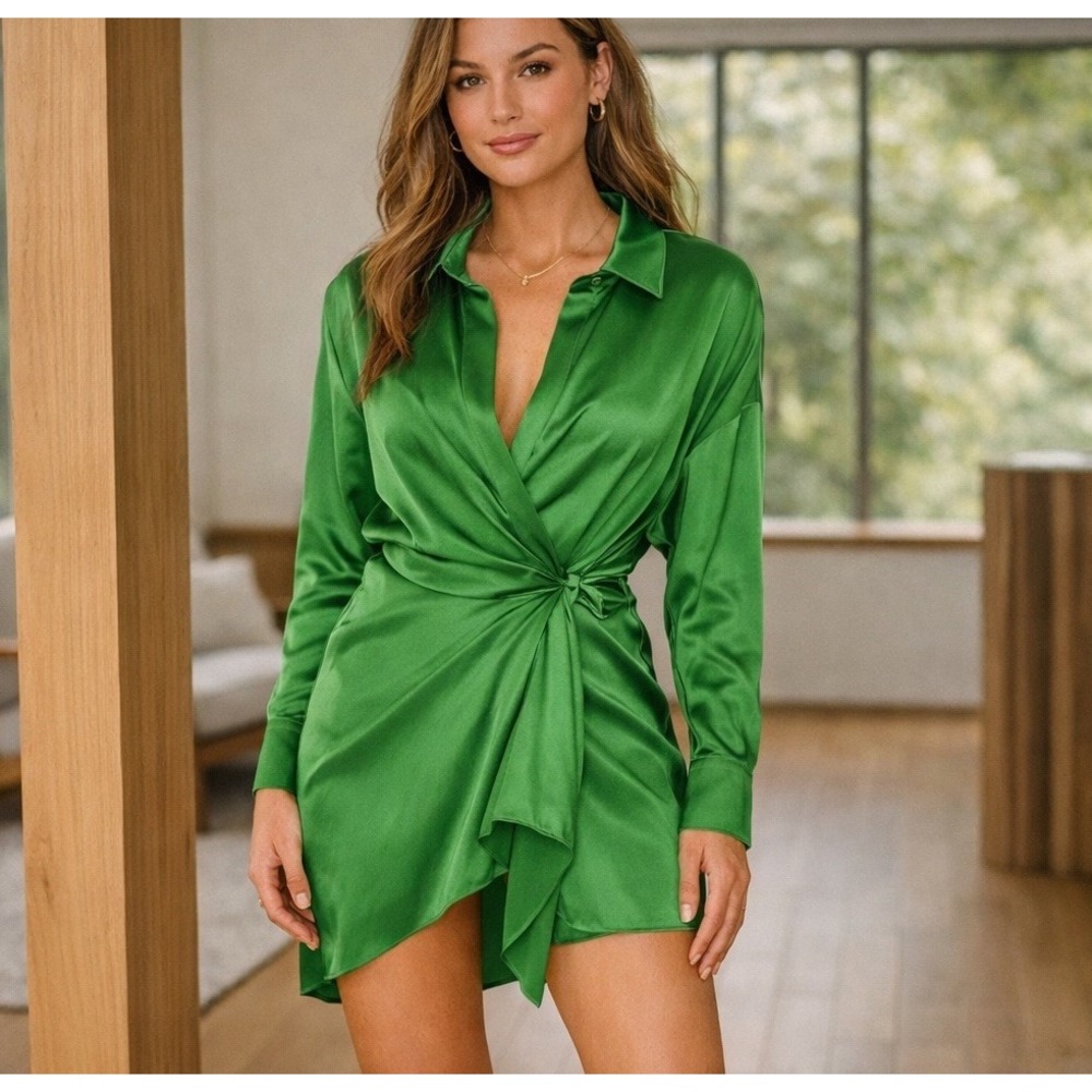New Revolve SER.O.YA Demi‎ Dress Womens S Silk Shirt Dress Green $128